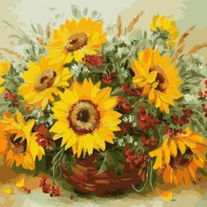 Рисуване по номера Слънчогледи в кафява кошница