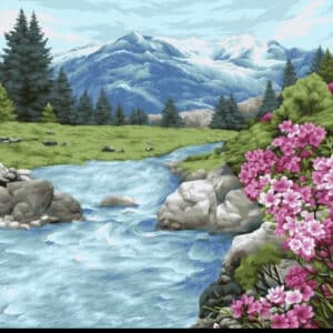 Рисуване по номера Планинска рекичка с розови цветя” - 40х50 см.