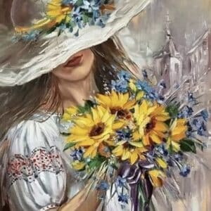 Рисуване по номера - Загадъчна жена със слънчогледи - 40х50 см.