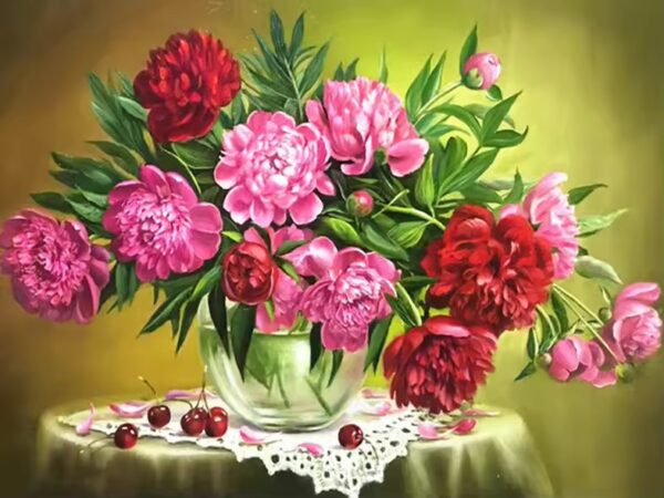 Рисуване по номера Красиви божури с черешки - 40х50см.