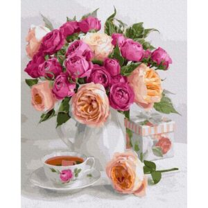 Рисуване по номера Букет от рози и кафе на масата - 40х50 см.
